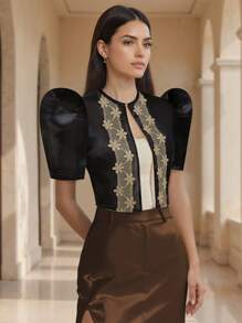 1件 Amyenjoylife 现代菲律宾风情女式衬衫，时尚薄纱蕾丝拼接设计优雅衬衫，纽扣衬衫，春夏款，蝴蝶袖菲律宾风情，女士菲律宾短款上衣，黑色 - 黑色 - 查看 5