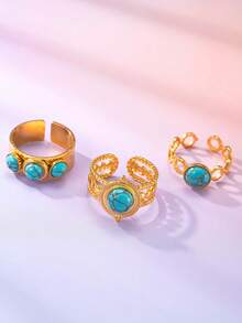 3pcs/Set Stainless Steel 18k Gold Western Cowboy Style Round Turquoise Decorative Hydraulic Open Ring Set Suitable For Daily, Party, Music Festival, Vacation, Gift Collection - Yellow Gold - View 3
