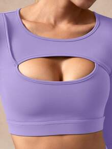 NcmRyu 1pc Women's Seamless Hollow Design Cinched Waist Tight Fit Long Sleeve Skirt Sports Set - Purple - View 4