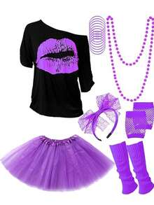 Forever & Moment 80s Outfits Costume Accessories For Women -T-Shirt, Necklace, Tutu Skirt & More For Halloween, Birthday Parties - Multicolor - View 14