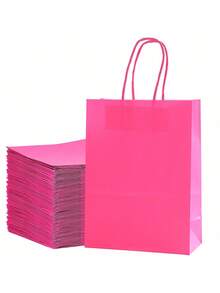 12/24pcs Hot Pink Kraft Paper Bags, Reusable Gift Bags, Bags, Party Favor Bags, Wedding Bags, Suitable For Birthday, Christmas, Back To School, Wedding, Party Gifts - Hot Pink - View 1