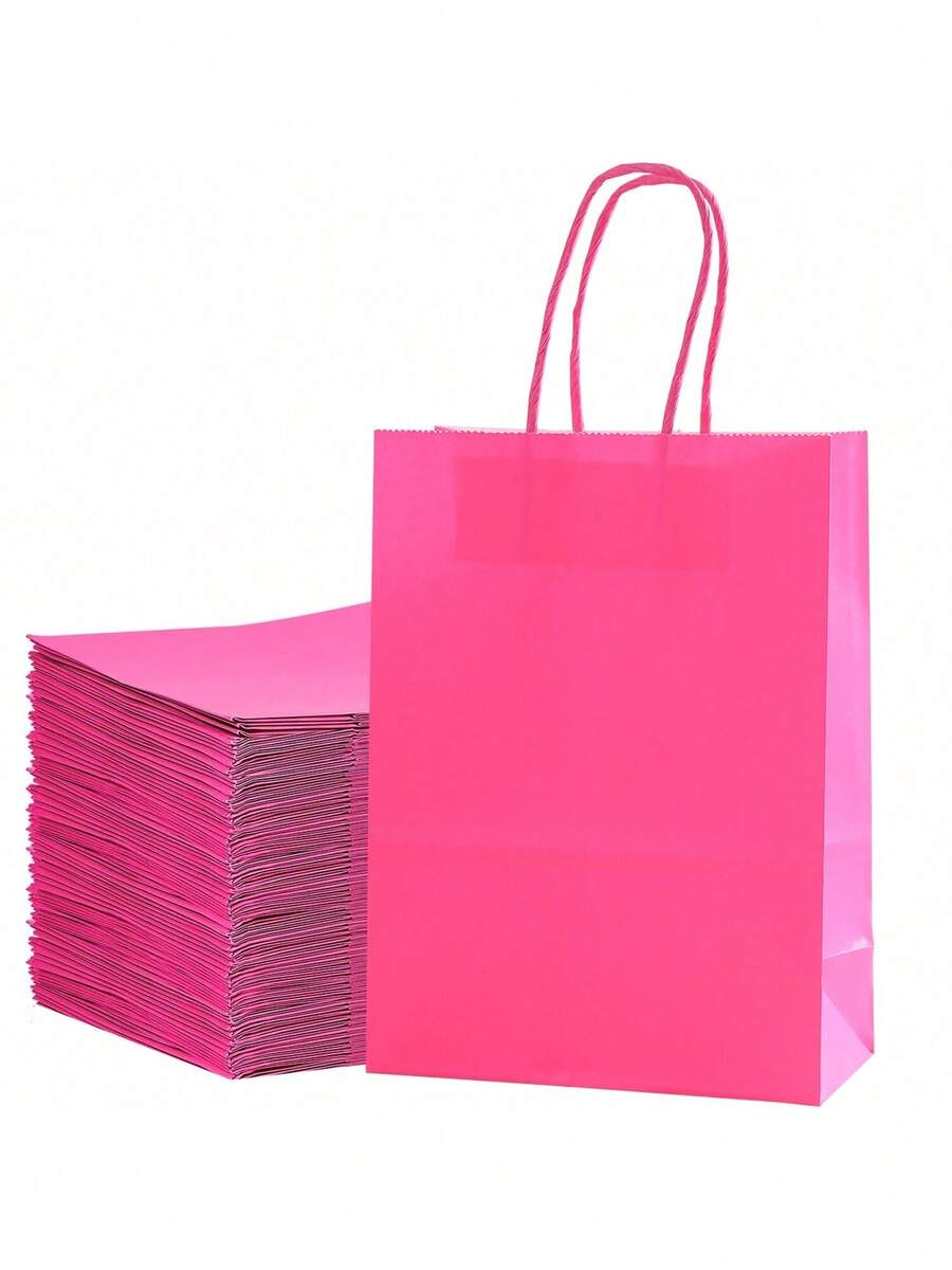 12/24pcs Hot Pink Kraft Paper Bags, Reusable Gift Bags, Bags, Party Favor Bags, Wedding Bags, Suitable For Birthday, Christmas, Back To School, Wedding, Party Gifts - Hot Pink - View 1