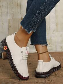 Women's Fashion Outdoor Rubber Sole Lace-Up Low-Top Soft Leather Flat Shoes - Beige - View 7