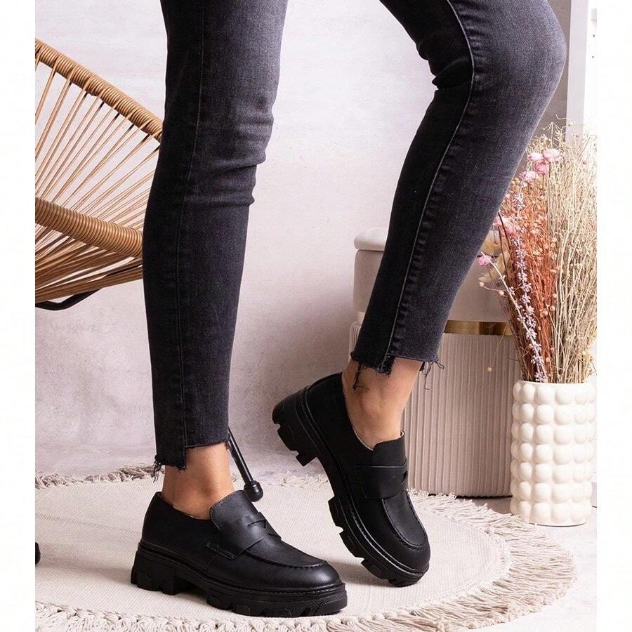 Fashionable Versatile Casual Minimalist Thick Sole Loafers - Black - View 1