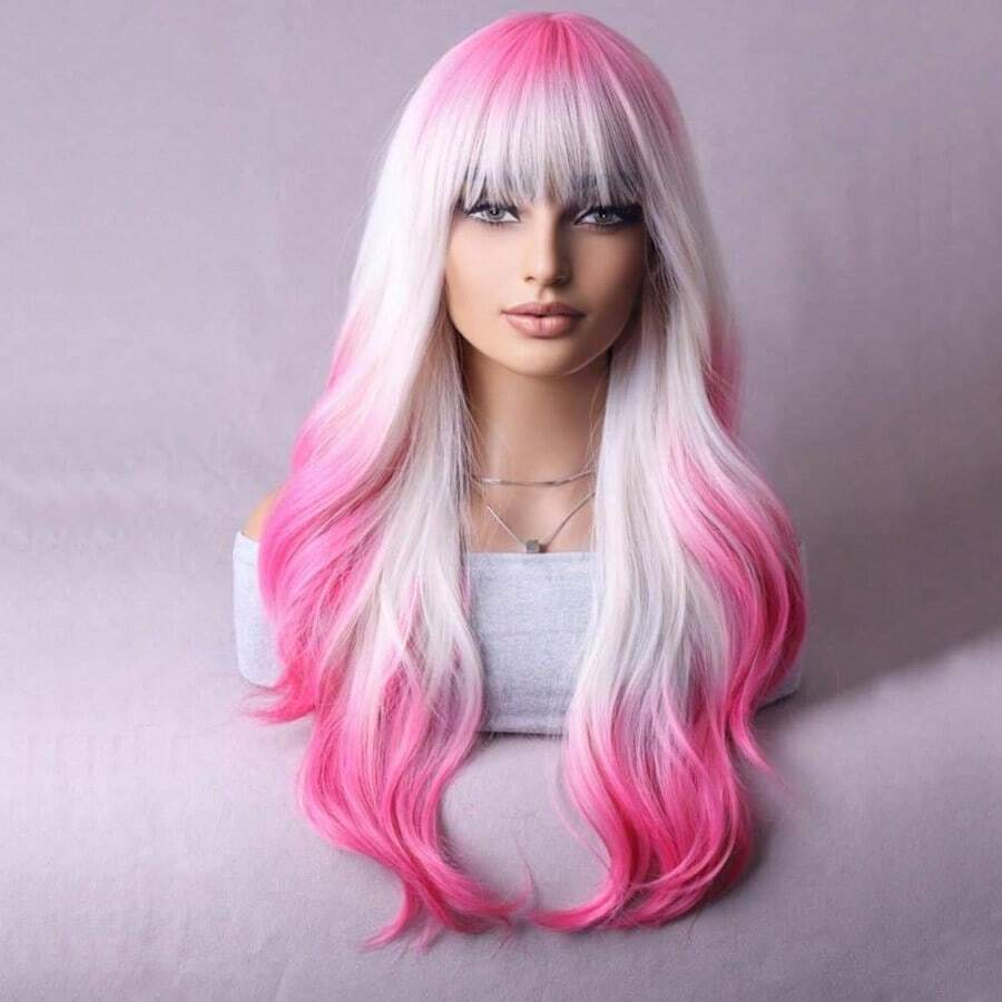 MHot Pink Blonde Ombre Wigs Women Girls Dark Pink White Ombre Wig With Bang Two Tones Colorful Wig Halloween Cosplay Costume Party8001 - 金髮粉紅 - 查看 1
