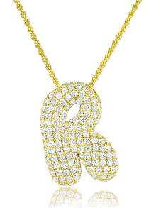 J&C DIY IMAGE 14K Gold Plated Bubble Letter Necklace, Balloon Initial Pave CZ Pendant Necklace,Dainty Jewelry Gift For Women Lovers. - Gold - View 1