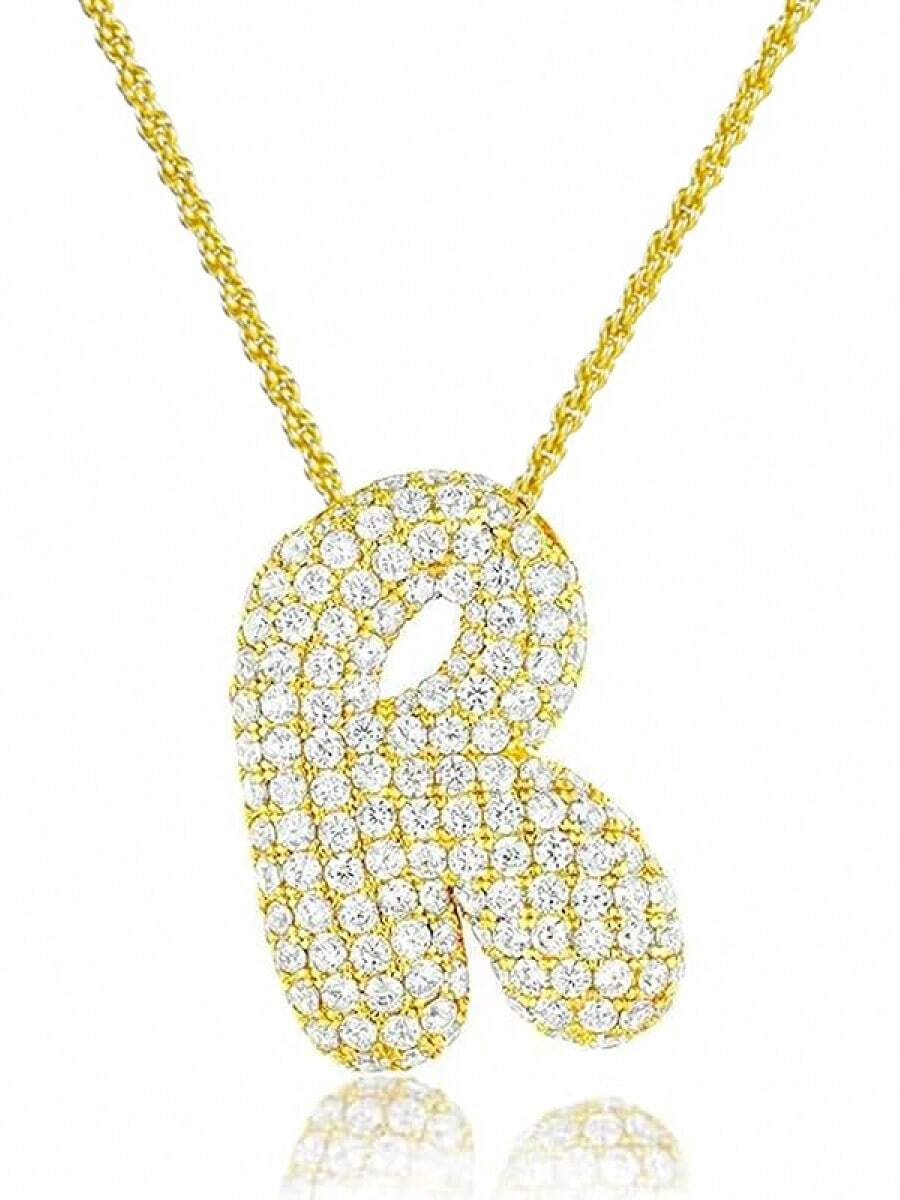 J&C DIY IMAGE 14K Gold Plated Bubble Letter Necklace, Balloon Initial Pave CZ Pendant Necklace,Dainty Jewelry Gift For Women Lovers. - Gold - View 1