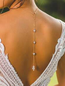 奢华花卉锆石新娘背链项链，长款吊坠女士夏季全锆石新娘身体链婚礼首饰，夏季 - 金色 - 查看 1