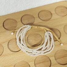 1pc 6-Layer Faux Pearl Bracelet, Multilayer Beaded Adjustable Bracelet, Fashionable Accessory For Women