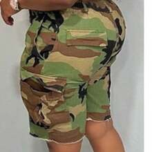 Plus Size European & American Style Camouflage Elastic Waist Loose Casual Comfortable Multi-Pocket Shorts - xanh quân đội - Xem 4