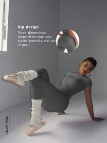 FWH 1. 可爱纯色露脐上衣，弹力修身圆领甜美时尚百搭外套，优雅高腰显瘦休闲收腹日常基础款舞蹈服拉长腿部线条提臀街头跑步瑜伽两件套，春夏款 - 深灰色 - 查看 9