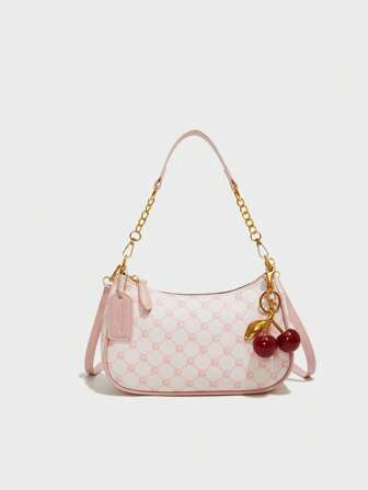 New Fashion Classic Pink Star Style Versatile PU Waterproof Material Letter Decor Design, Solid Color Crescent Shoulder Bag, Chain Shoulder Underarm Bag, Cherry Pendant Decor Women Wallet, Elegant Business Commute Bag, Lightweight, Ample Storage Space, Suitable For Shopping, Gatherings, Can Be Worn Crossbody.