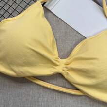 Áo lót hai dây, áo ngực thể thao không lưng dây mảnh dành cho nữ, hỗ trợ nhẹ, áo tập ngắn, áo ngực yoga xếp ly không đường may có đệm mút mùa xuân - Butter Yellow - Xem 8