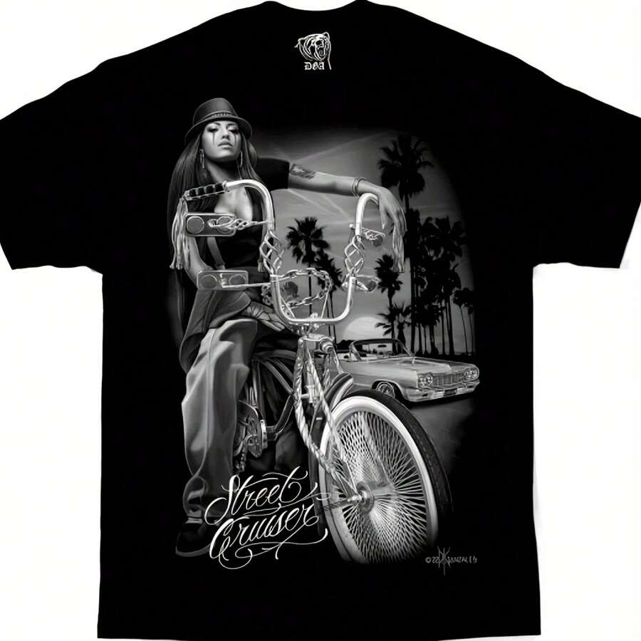 Street Cruiser  Lowrider Bike DGA D Gonzales Chicano Chola Art T ShirtComfortable Cotton Men's Round Neck Short Sleeves T-Shirt 180g Comfortable Cotton Round Neck Short Sleeves T-Shirt 220g - 黑色 - 查看 1