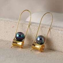 Black Tahitian Pearl Earrings, Lightweight, Golden Seamless Rings - 金的 - 查看 2