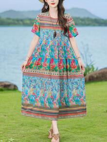 FANMUER Abito midi boho da donna con tasche, linea ad A, collo rotondo, maniche corte, stampa floreale colorata in tessuto tessuto, stile estivo