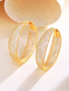 1 par de pendientes de aro grandes y gruesos con circonita cúbica microempotrada estilo Dubai, chapados en oro amarillo, joyería de circonita cúbica para mujeres, adecuada para novias, bodas, compromisos, banquetes, fiestas, damas de honor, regalo para la madre