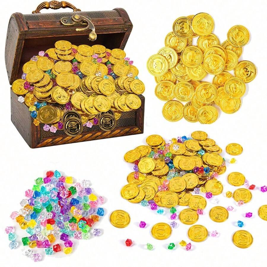 1/50/100 件塑料海盗金币、海盗宝石、宝藏珠宝假币，适用于海盗主题冒险、万圣节派对用品、秋季、圣诞节 - 彩色 - 查看 1
