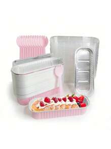 50 Stücke 200 ml rechteckige Aluminiumfolie Backform mit Deckel und Löffel, in rosa, Mini-Brotauflauf, rechteckiger Backbehälter Küchenausstattung, Muffinform, Kuchenform mit Deckel, Muffinförmchen, Torten, Sahnetorte