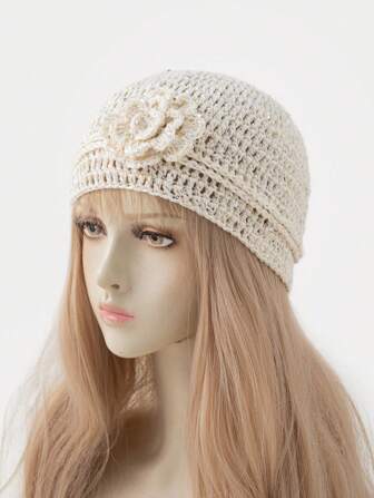 1 件女式春夏轻质镂空亮片花卉装饰手工编织钩针帽，适合春、夏、秋季日常和户外穿着秋季配饰