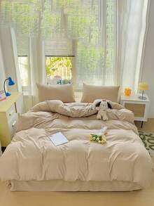 3pcs Solid Color Washed Soft Bedding Set - Khaki - View 5
