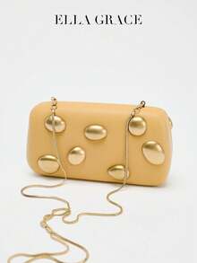 ELLA GRACE-Glod Cultch-串珠手拿包 女士奢华PU皮革晚宴斜挎包 适合婚礼派对舞会 - 金色 - 查看 2