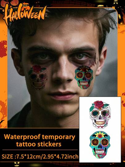 1Pc Halloween Tattoo Fake Tattoo Temporary Tattoo Skull Cartoon Colorful Waterproof Sweatproof Disposable For Women And Mem Face, Arm, Waist, Chest, Leg, Abdomen, Neck, Hand, Finger, Back For Dancing Party Stage Performance Modernist Body Art