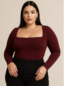 Women's Long Sleeve Bodysuit With Square Neckline, Basic, Casual, Chic, Elegant, Stylish, Spandex - 酒紅色 - 查看 1