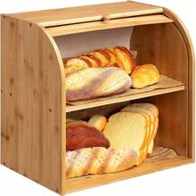 Bamboo Bread Bin With Rolling Shutter Door 2-Layer Bread Storage Box For Kitchen