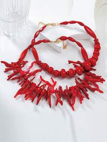 PHCOO 2pcs Bohemian Style Red Coral Asymmetrical Geometric Beaded Necklace Set, Multi-Layer Resin Coral Necklace, Handmade Coral Beaded Choker Necklace For Women, Summer - Multicolor - View 7