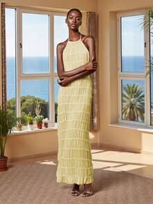 Women's Ruched Bodycon Long Dress Sleeveless Backless Solid Color Dress Cocktail Party Dress - Yellow - View 9