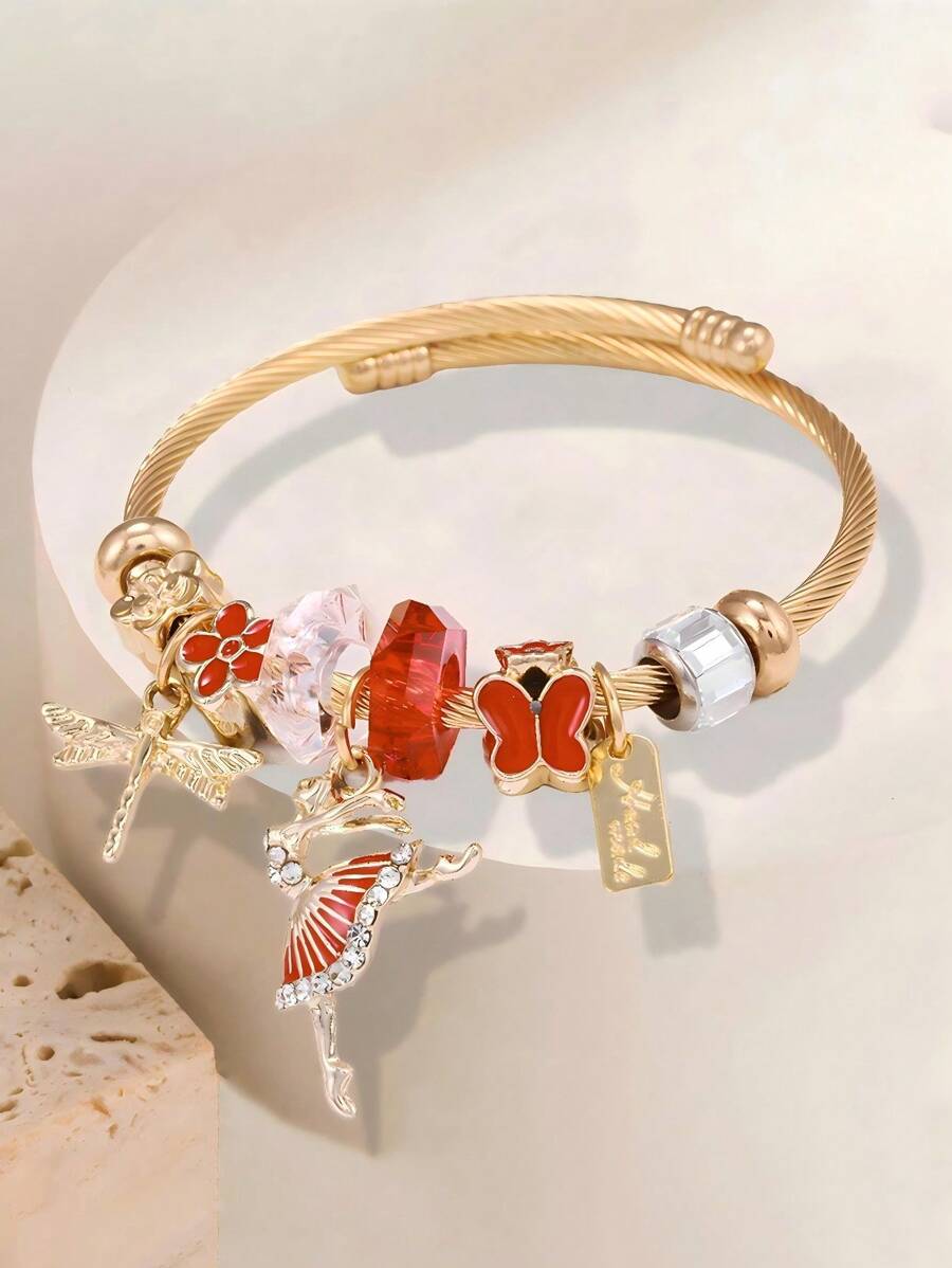 1 件金色不锈钢串珠手链、芭蕾舞者串珠手链、蜻蜓和蝴蝶串珠 DIY 手链、节日礼物