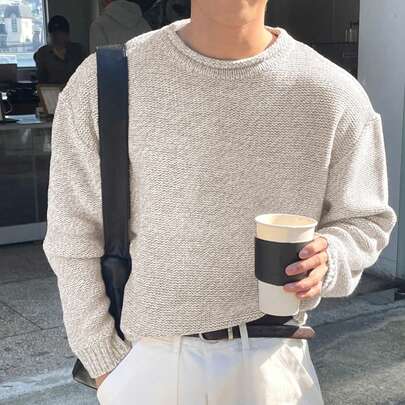 가을/겨울 신상 루즈핏 솔리드 컬러 미니멀리스트 유니섹스 크루넥 긴팔 니트 스웨터 탑