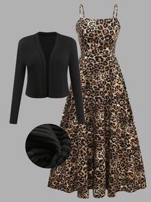 Đầm xòe không tay họa tiết da báo thanh lịch cỡ lớn cho nữ kèm áo khoác lông - Nhiều màu - Xem 11