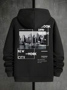 Men's New York & Brooklyn City Element Print Fleece Hoodie, Streetwear Style For Autumn/Winter, Long Sleeve Top