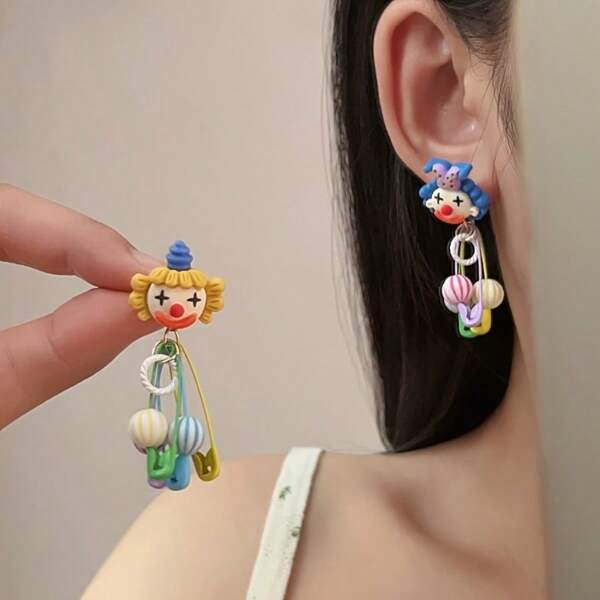 [Colorful Clown Stud Earrings Perfect] Chic Asymmetrical Clown & Candy-Themed Stud Earrings - Colorful Circus-Inspired, 925 Silvery Post, Perfect For Halloween Parties & Casual Attire