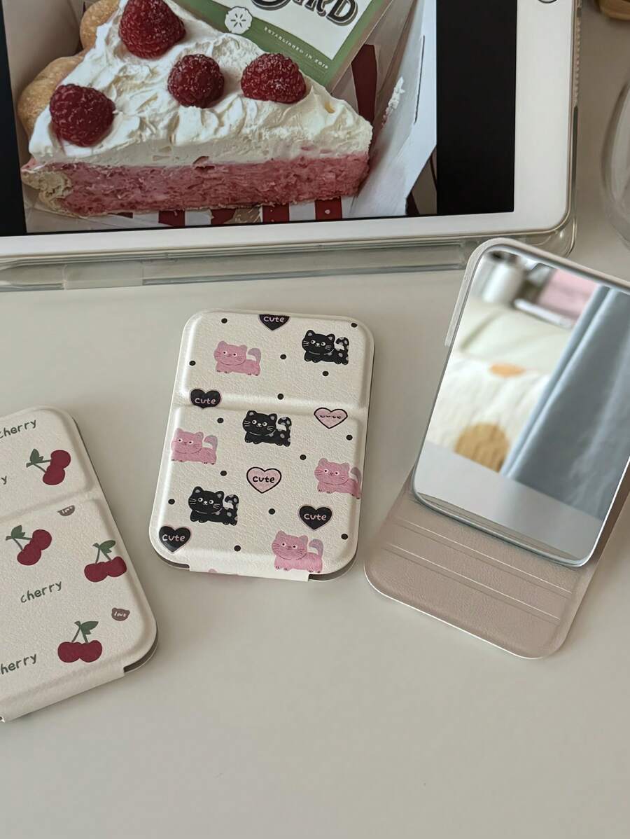 2个装 - 可爱卡通樱桃猫便携式化妆镜，小巧便携，适合日常工作和旅行，女士手持折叠化妆镜，化妆，便宜，房间装饰，梳妆台，旅行，卧室，化妆配件，镜子，梳妆镜，迷你镜，粉盒镜，小镜子，手持镜，便宜，圣诞礼物，化妆，化妆工具，便宜货，礼物，女士礼物，圣诞礼物