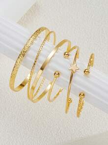 5/6 件复古时尚夸张开口星花扭纹手镯套装，光滑不对称袖口手镯 - 金色 - 查看 5