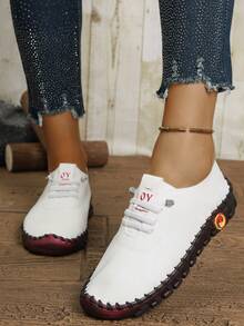 Women's Fashionable Outdoor Canvas Lace-Up Soft Bottom Leather Low Top Flat Shoes - Beige - View 6