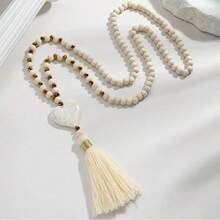 1PC Bohemian Style Long Y-Shaped Women's Necklace - Embellished With Alloy Bead Chains And White Tassel Pendant, Suitable For Daily And Holiday Wear As A Multi-Layered Accessory, A Gift For Her - 白色 - 查看 2
