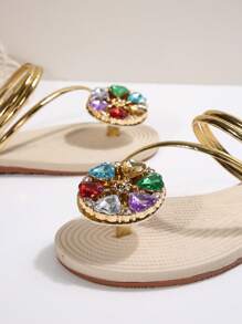 2025 新款时尚圆形装饰哑光平底女凉鞋，四季流行宝石度假风格欧美加大码简约趾环带拖鞋，轻质水钻侧条纹纯色橡胶鞋底 - 黃色 - 查看 7