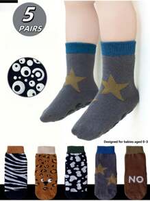 5双防滑地板袜，袜底防滑设计，保护宝宝的脚，动物图案装饰的袜子更显可爱童趣，采用优质棉质面料，适合婴儿袜子、新生儿袜子及男女童一年四季穿着的四季袜子。