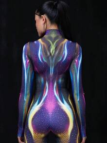 LADYINGBAY Halloween Costumes And Christmas Performance Outfits Women's Galaxy Bodysuit - Futuristic Holographic Full-Body Suit With Shimmering Nebula Print & Anatomical Light Reflections, High-Stretch Comfort For Rave, Festival, Cosplay & Halloween Party Outfit, Edm Fashion, Smooth Texture Fabric Christmas Clothing, Christmas Gifts - 彩色 - 查看 3