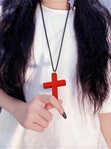 Vintage Gothic Necklace Sweater Chain, Black & White Christian Cross Pendant Necklace For Women, Fashion Jewelry Chain, Lolita Wooden Punk Choker
