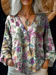 Camisa Casual de Algodão e Linho com Decote em V e Estampa Floral Vintage para Mulheres Plus Size, Roupas Femininas de Volta às Aulas no Outono