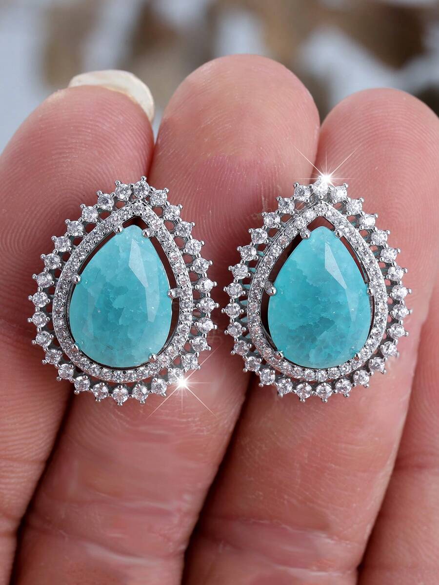 1 对优雅女士泪滴绿松石和立方氧化锆耳钉 - 奢华风格，铜底座，无镍电镀，适合婚礼、派对和周年纪念 - 耳環 - 查看 1