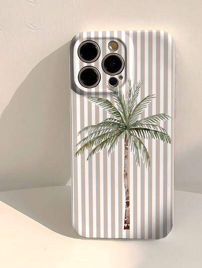 1 件度假风格水彩棕榈树条纹图案穿孔亮面细丝手机壳，适用于 11/12/13/14/15/16 Pro Max 防水防震防摔防刮