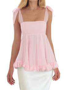 Women Y2k Babydoll Tank Top Tie Shoulder Ruffle Hem Spaghetti Strap Peplum Tops Tie Back Square Neck Summer Camisole