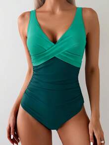 女士连体泳衣，收腹塑形，交叉露背V领显瘦泳装 - 蘋果綠 - 查看 5