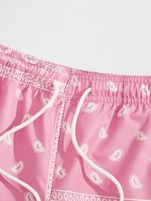 Men's Boho Paisley Print Drawstring Waist Summer Shorts With Pocket - Pink Paisley - View 9